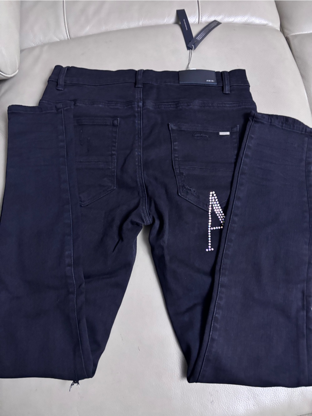AMIRI Black Distressed Rhinestone Skinny Jeans - Picture 3 of 4